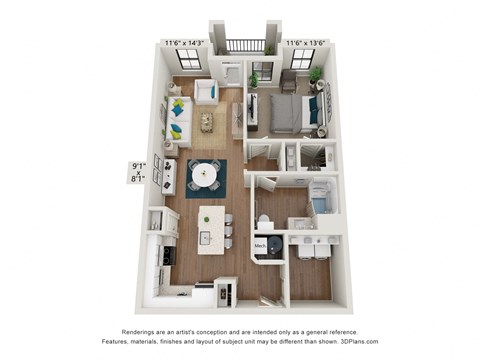 Floor plan for 1 bed, 1 bath, 833 sqft